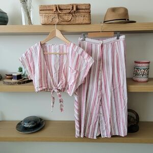New! Linen Cotton Striped Top and Skirt Two piece Set S